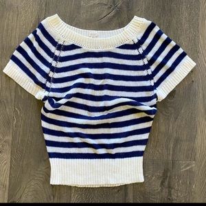 Aerie Short Slv Open Knit Back Scoop Sweater Top Pullover Striped Blue White S